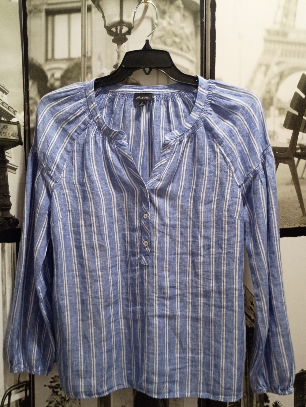 Tabots Ladies top  100 % LINEN -Stripe Peasant Size Med Ballon Sleeves.